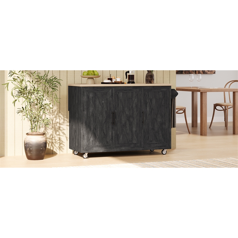 Pemberly Row Kitchen Island with Storage -Drop-Leaf Countertop-Black