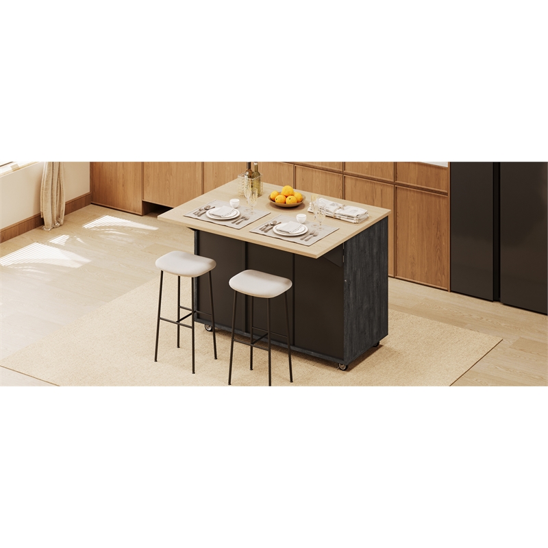 Pemberly Row Kitchen Island with Storage -Drop-Leaf Countertop-Black