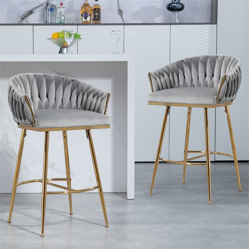 Pemberly Row Set of 2 Modern Velvet Bar Stools with Gold Frame-Gray