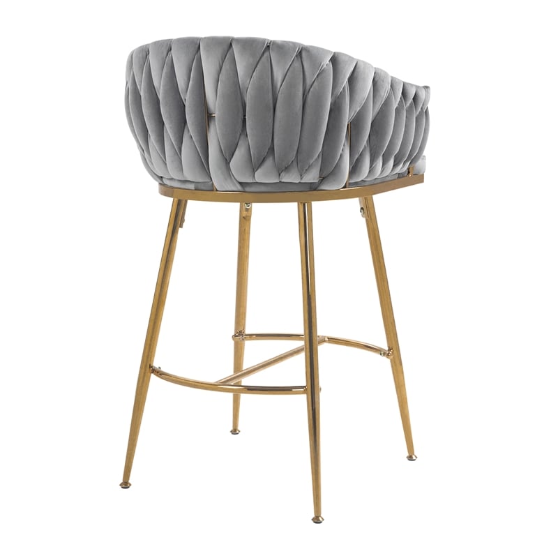 Pemberly Row Set of 2 Modern Velvet Bar Stools with Gold Frame-Gray