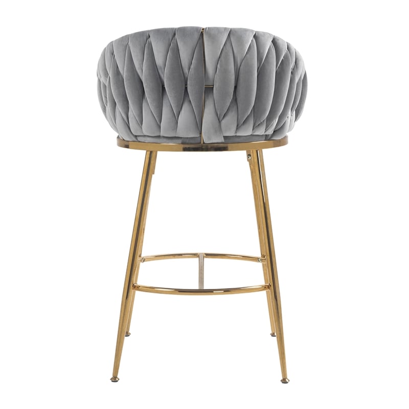 Pemberly Row Set of 2 Modern Velvet Bar Stools with Gold Frame-Gray