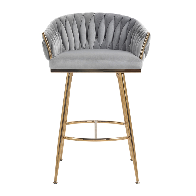 Pemberly Row Set of 2 Modern Velvet Bar Stools with Gold Frame-Gray