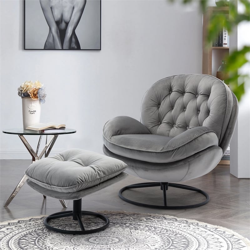Pemberly Row Modern Swivel Lounge Chair with Ottoman&Velvet Upholstery-Gray