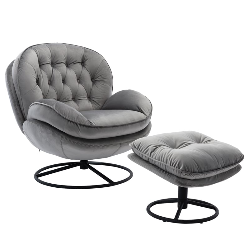 Pemberly Row Modern Swivel Lounge Chair with Ottoman&Velvet Upholstery-Gray