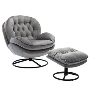 Pemberly Row Modern Swivel Lounge Chair with Ottoman&Velvet Upholstery-Gray