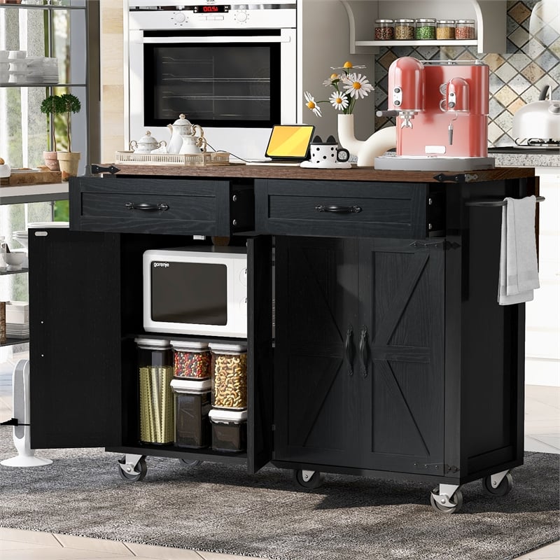 Pemberly Row Rolling Kitchen Island with Storage and Drop-Leaf Countertop Black
