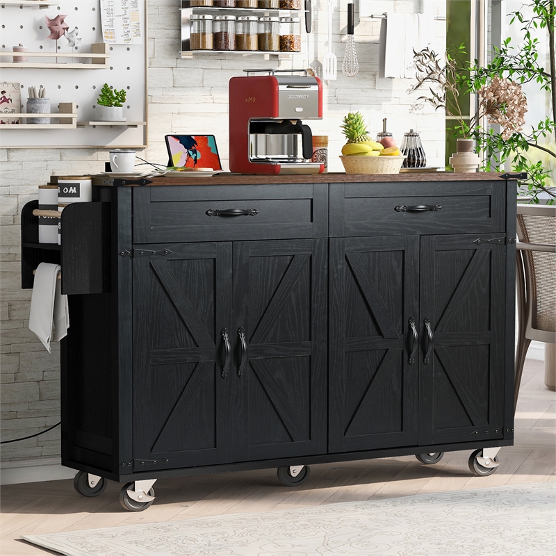 Pemberly Row Rolling Kitchen Island with Storage and Drop-Leaf Countertop Black