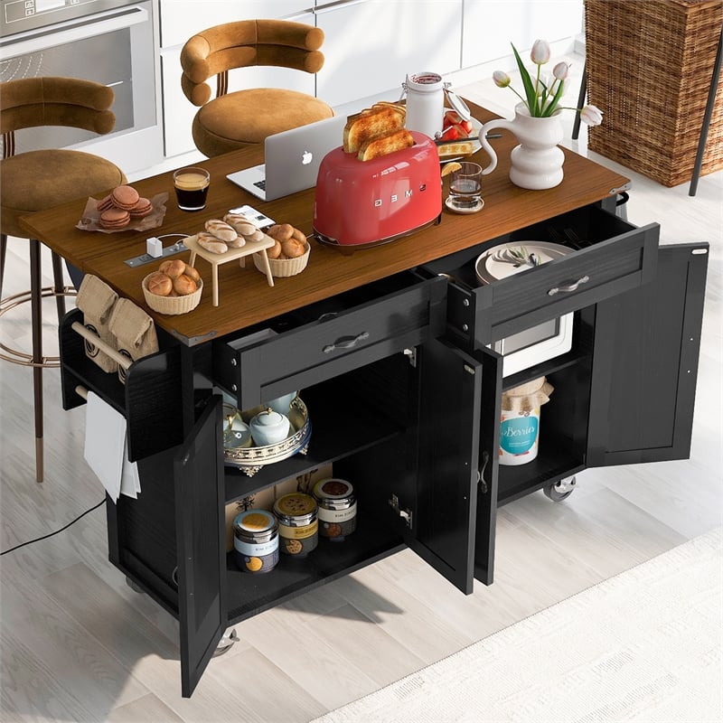 Pemberly Row Rolling Kitchen Island with Storage and Drop-Leaf Countertop Black