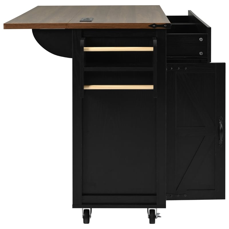Pemberly Row Rolling Kitchen Island with Storage and Drop-Leaf Countertop Black