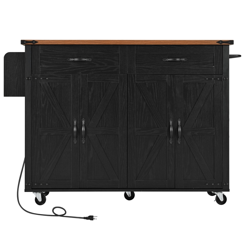 Pemberly Row Rolling Kitchen Island with Storage and Drop-Leaf Countertop Black