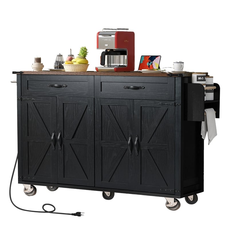 Pemberly Row Rolling Kitchen Island with Storage and Drop-Leaf Countertop Black