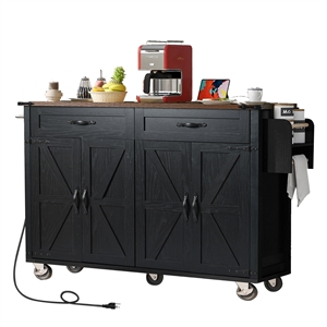 Pemberly Row Rolling Kitchen Island with Storage and Drop-Leaf Countertop Black