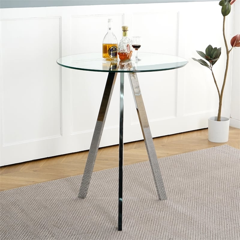 Pemberly Row Modern Glass Top Side Table with Metal Legs-Chrome