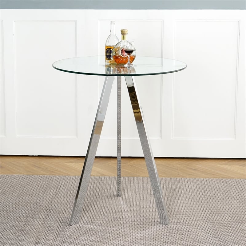 Pemberly Row Modern Glass Top Side Table with Metal Legs-Chrome