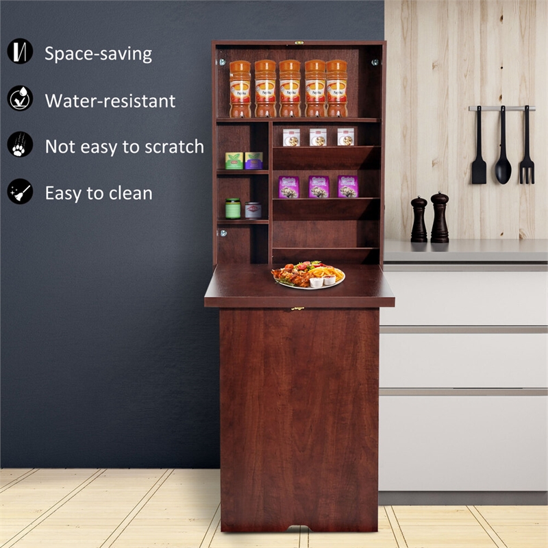 Pemberly Row Wall-Mounted Folding Brown Desk with Storage Shelves