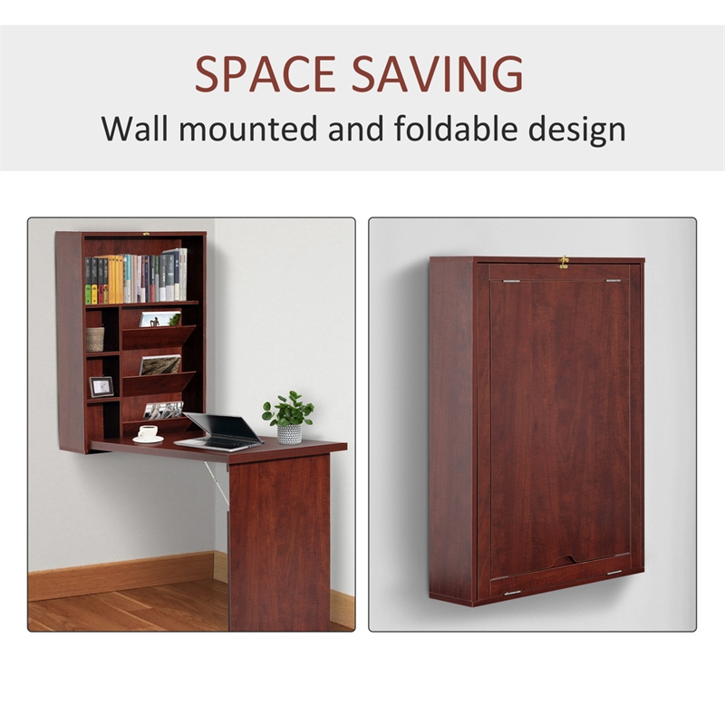 Pemberly Row Wall-Mounted Folding Brown Desk with Storage Shelves
