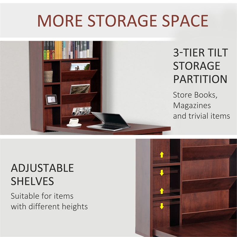 Pemberly Row Wall-Mounted Folding Brown Desk with Storage Shelves