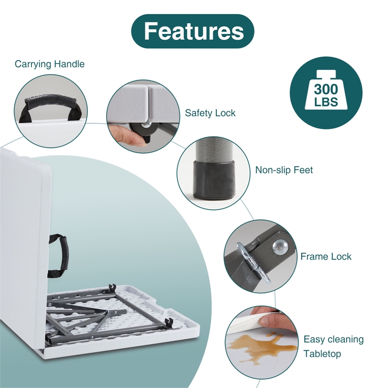 Pemberly Row Folding Patio White Table with Carry Handle and Spacious Surface