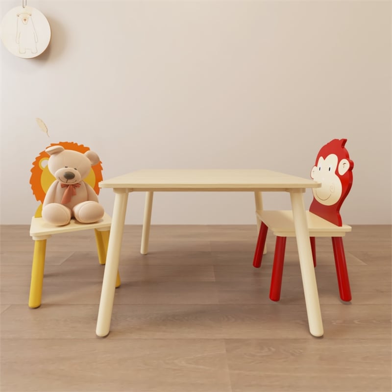 Pemberly Row Kids Animal-Themed Table and Chair Set with Lion Design-Natural
