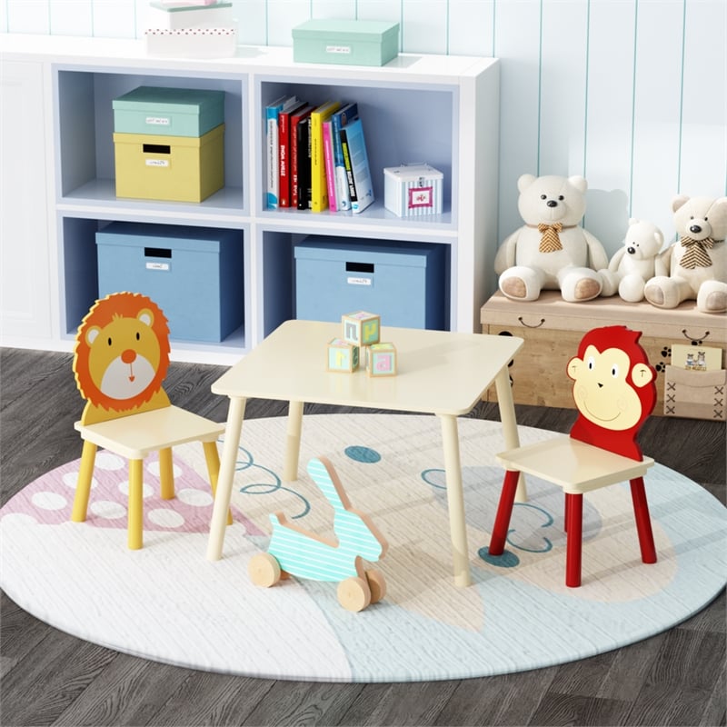 Pemberly Row Kids Animal-Themed Table and Chair Set with Lion Design-Natural