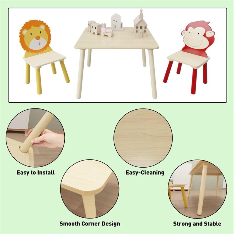 Pemberly Row Kids Animal-Themed Table and Chair Set with Lion Design-Natural