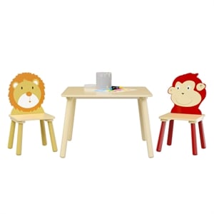 Pemberly Row Kids Animal-Themed Table and Chair Set with Lion Design-Natural