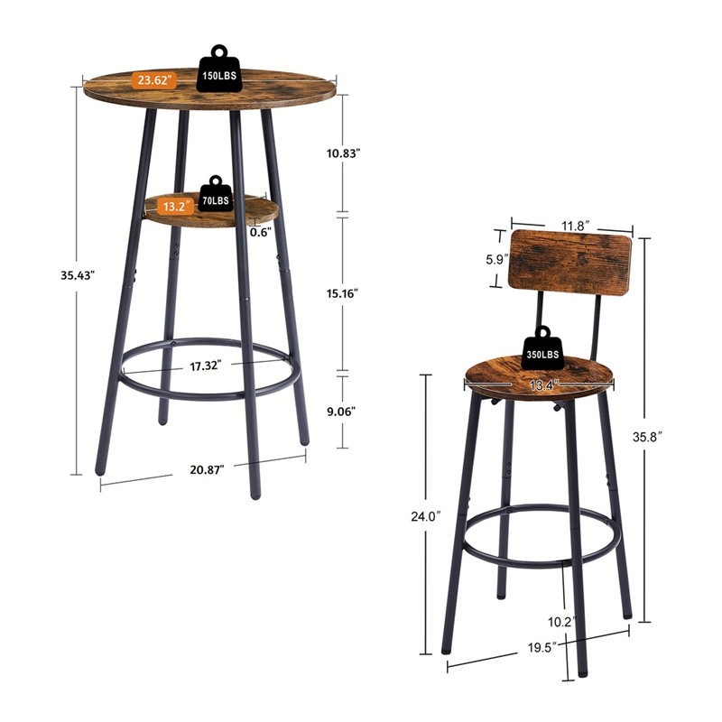 Pemberly Row Rustic Industrial Bar Stools with Adjustable Height-Rustic Brown