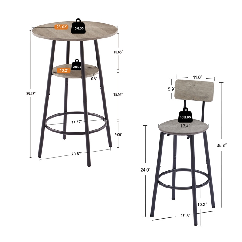Pemberly Row Adjustable Rustic Bar Stools with Wooden Backrest-Gray