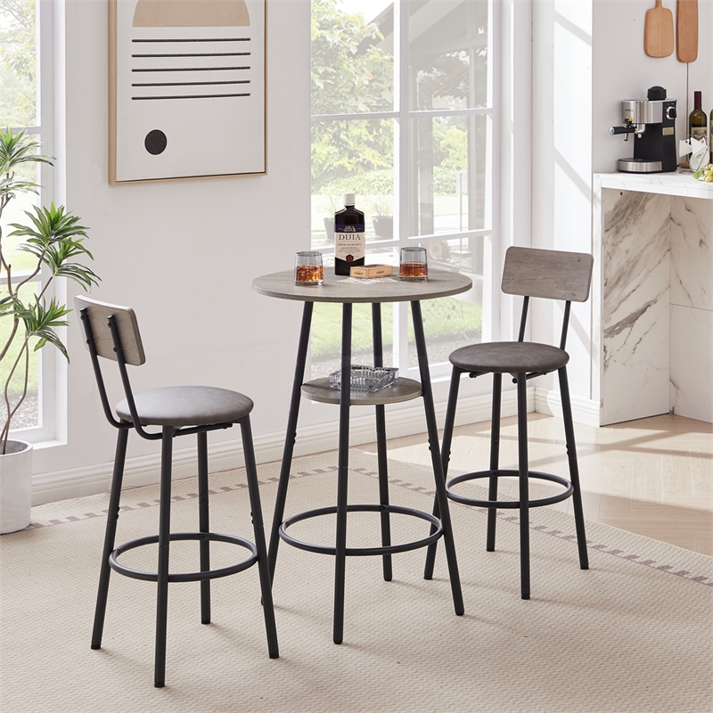 Pemberly Row Adjustable Rustic Bar Stools with Wooden Backrest-Gray