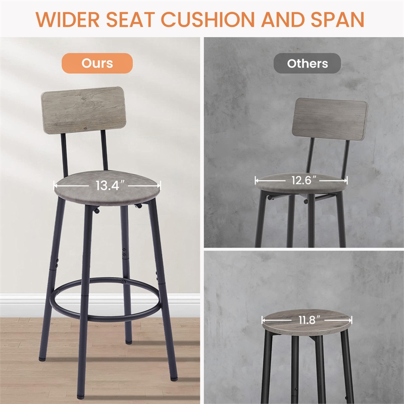 Pemberly Row Adjustable Rustic Bar Stools with Wooden Backrest-Gray