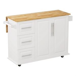 Pemberly Row Kitchen Island Cart with 2 Door Cabinet and Three Drawers-White