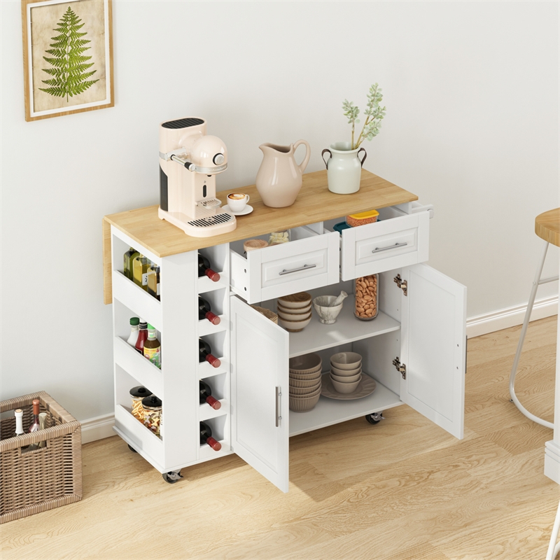 Pemberly Row Rolling Kitchen Island with Wine Rack&Drop-Leaf Countertop-White