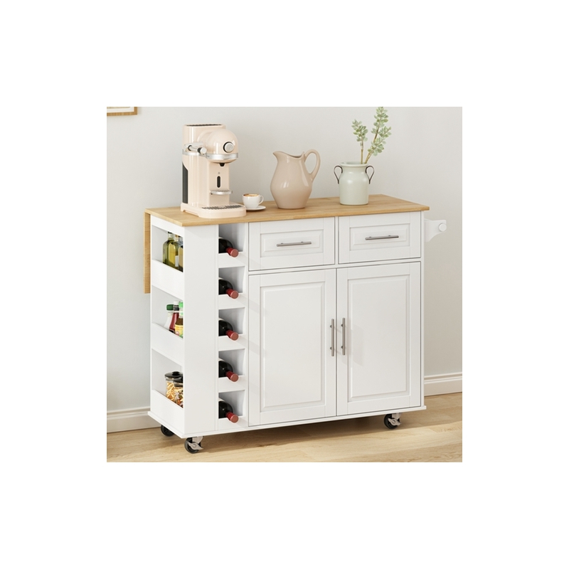 Pemberly Row Rolling Kitchen Island with Wine Rack&Drop-Leaf Countertop-White