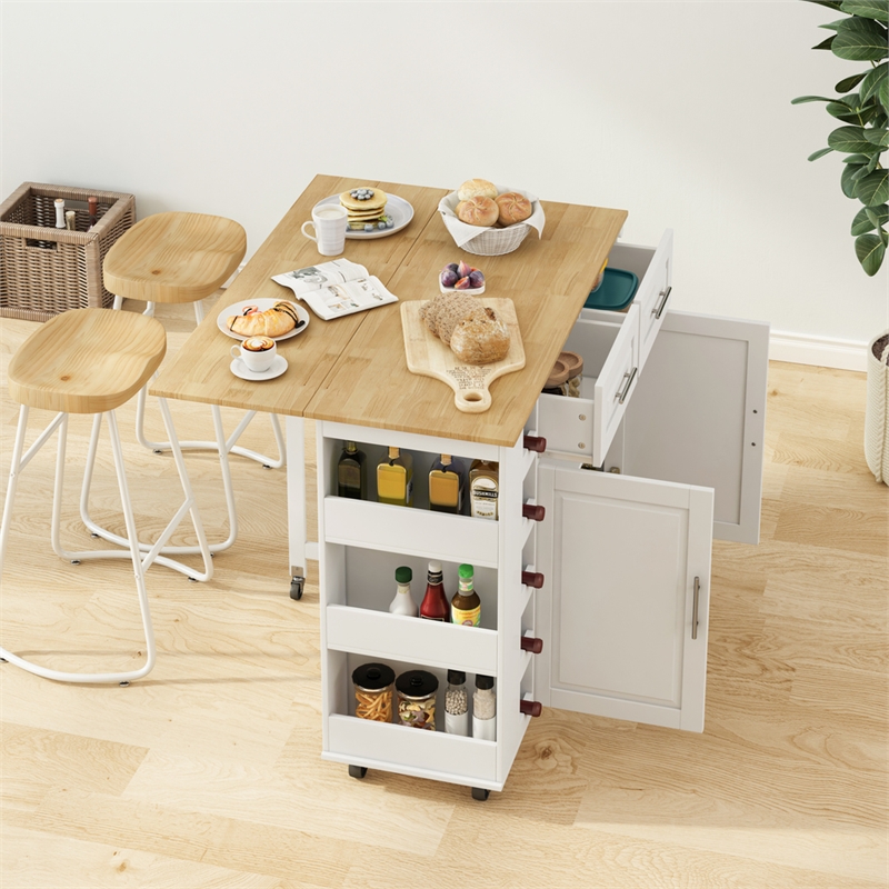 Pemberly Row Rolling Kitchen Island with Wine Rack&Drop-Leaf Countertop-White