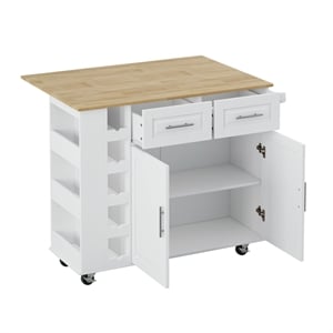 Pemberly Row Rolling Kitchen Island with Wine Rack&Drop-Leaf Countertop-White