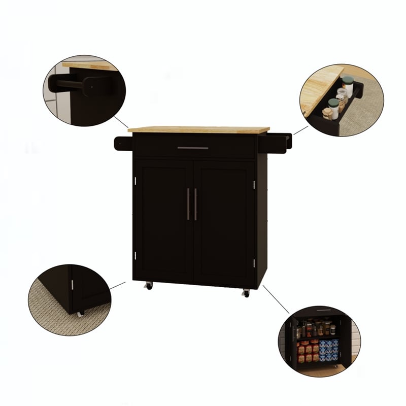 Pemberly Row Compact Rolling Kitchen Island with Drop-Leaf Countertop-Black