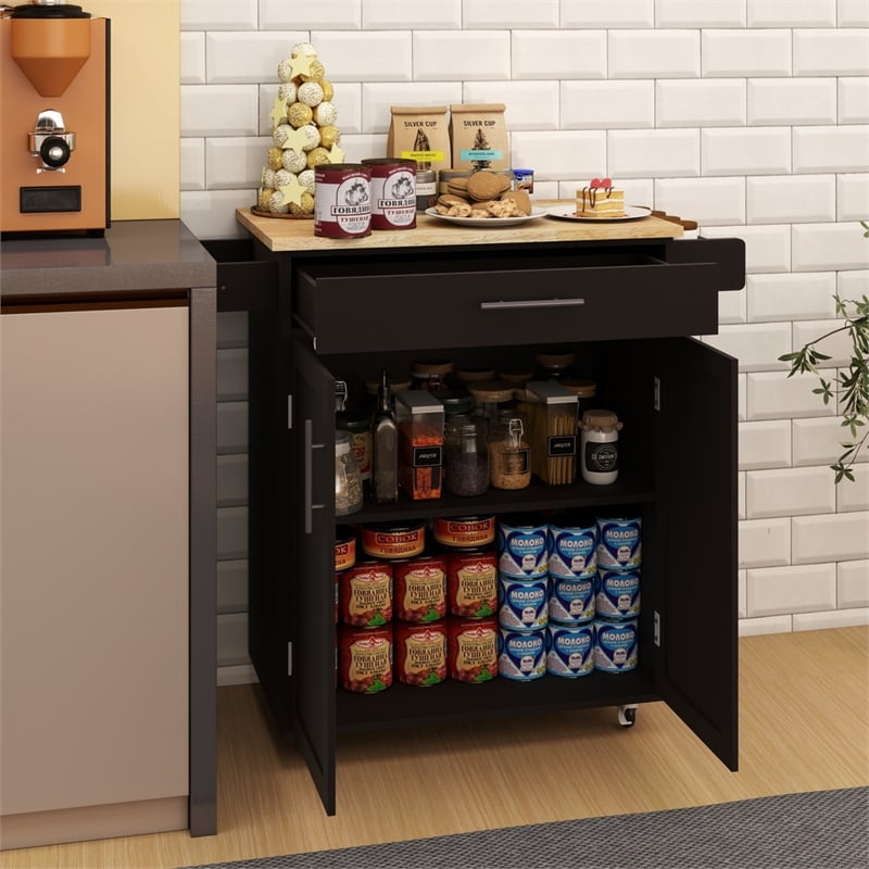 Pemberly Row Compact Rolling Kitchen Island with Drop-Leaf Countertop-Black