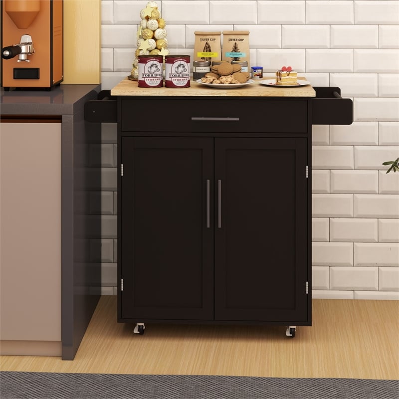 Pemberly Row Compact Rolling Kitchen Island with Drop-Leaf Countertop-Black