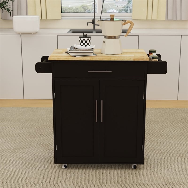 Pemberly Row Compact Rolling Kitchen Island with Drop-Leaf Countertop-Black