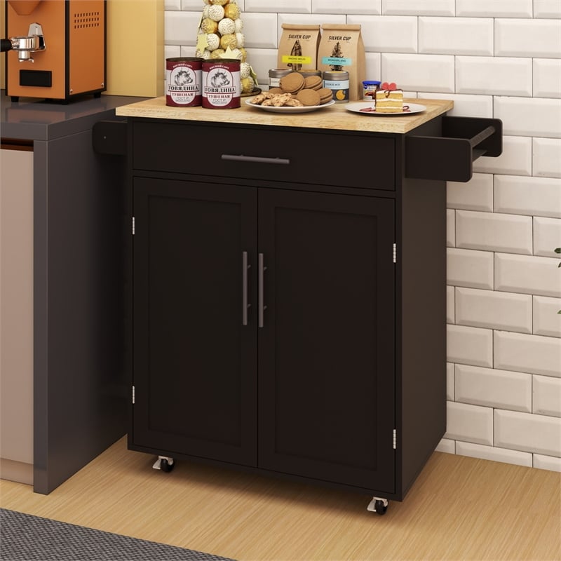 Pemberly Row Compact Rolling Kitchen Island with Drop-Leaf Countertop-Black