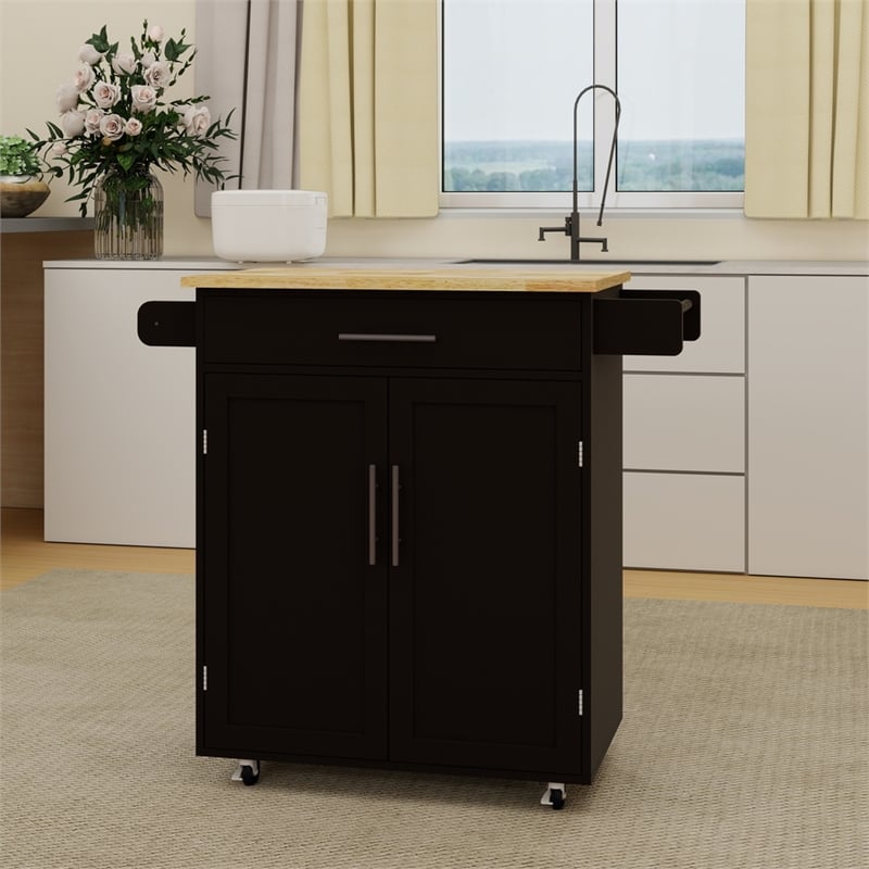 Pemberly Row Compact Rolling Kitchen Island with Drop-Leaf Countertop-Black