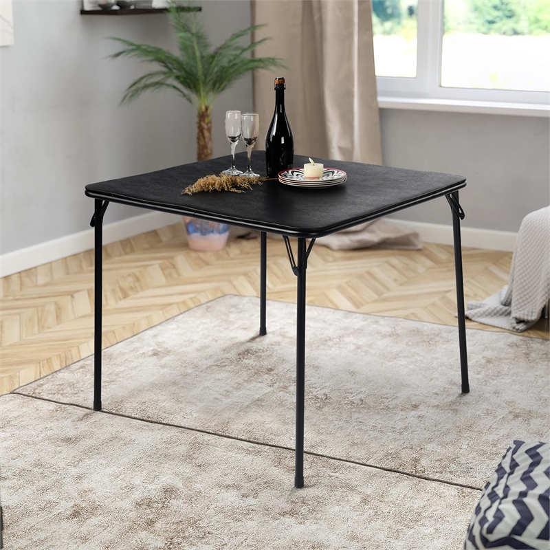 Pemberly Row Black Square Folding Table with Sturdy Metal Frame Easy Storage