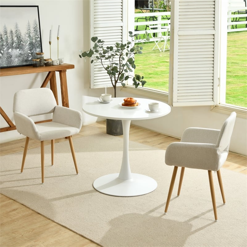 Pemberly Row Dining Chairs Set of 2 Upholstered Seat with Arms Metal Legs Beige
