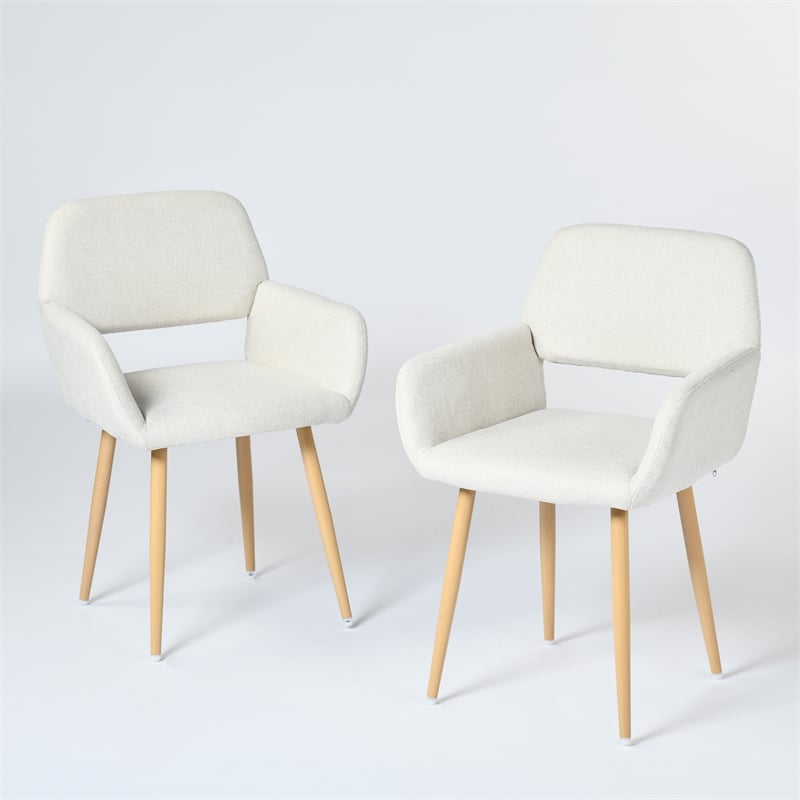 Pemberly Row Dining Chairs Set of 2 Upholstered Seat with Arms Metal Legs Beige