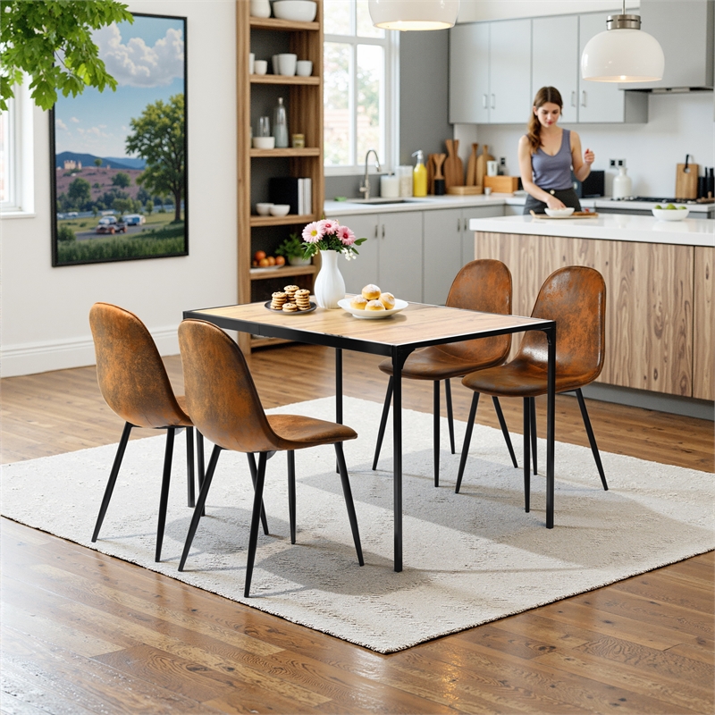 Pemberly Row Dining Chairs Set of 4 Upholstered Seat with Black Metal Legs Brown