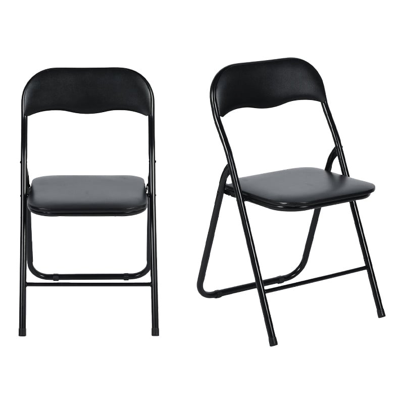 Pemberly Row Folding Chairs Set of 2 Black PVC Upholstered Durable Steel Frame