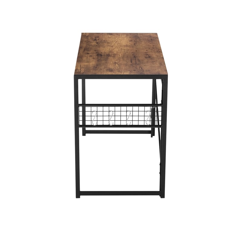Pemberly Row Home Office Desk with Storage Hooks and Metal Frame Brown