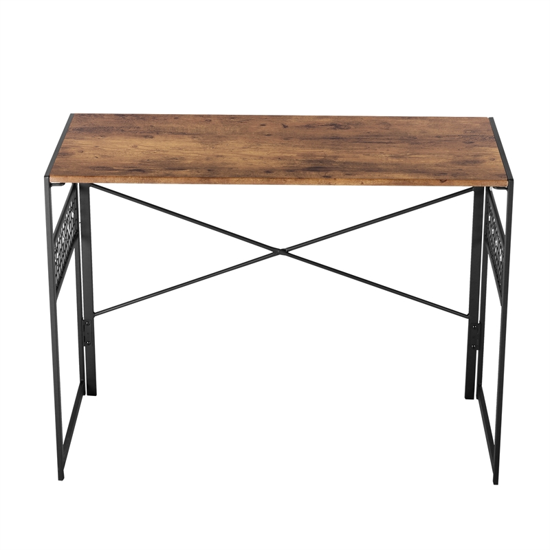Pemberly Row Home Office Desk with Storage Hooks and Metal Frame Brown