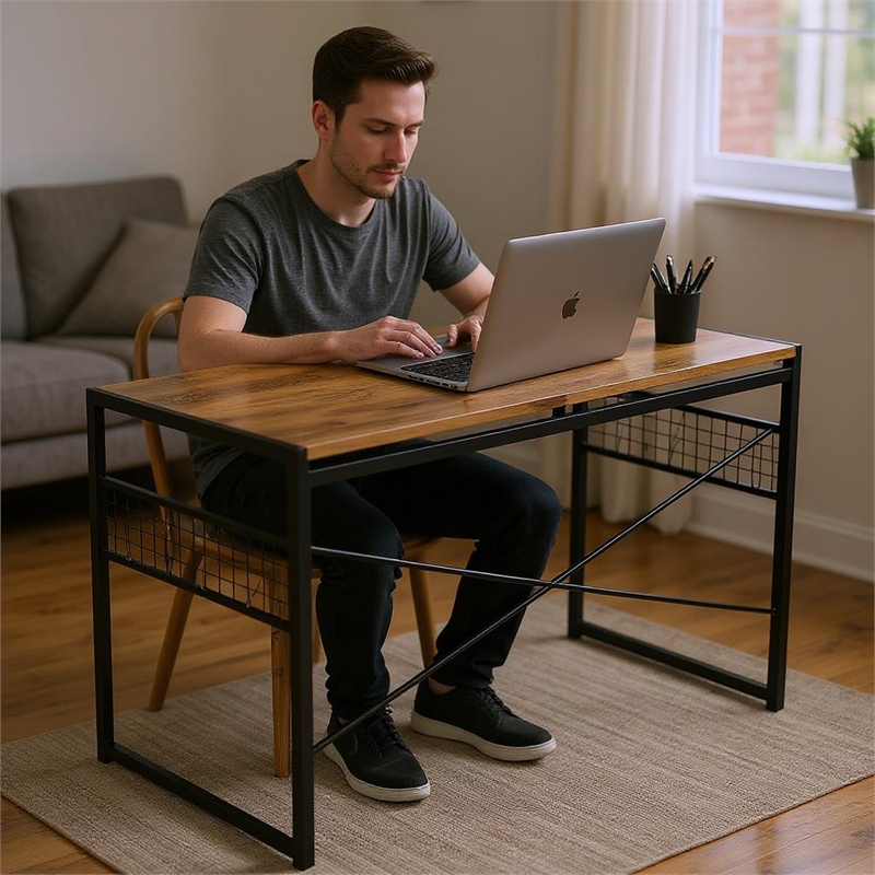 Pemberly Row Home Office Desk with Storage Hooks and Metal Frame Brown