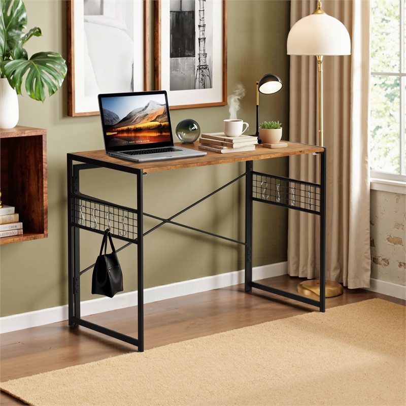 Pemberly Row Home Office Desk with Storage Hooks and Metal Frame Brown